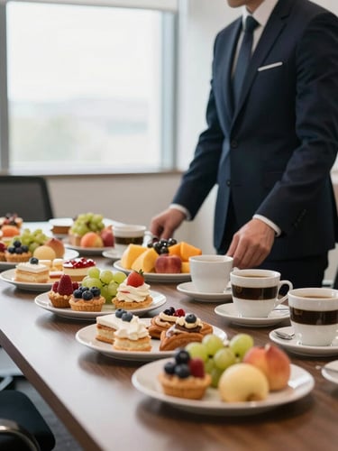 Corporate coffee break setup in a modern meeting room, elegant pastries, fresh fruit, and coffee, bright natural morning light, shallow depth of field, professional corporate catering, right side of frame.