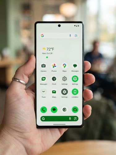 High-fidelity Android device mockup, showing a clean, minimalist app interface with vibrant green accents, held in a hand in natural daylight, shallow depth of field.