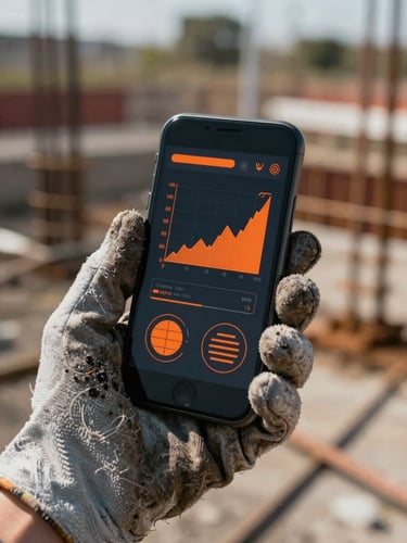Vista de primer plano de un teléfono móvil robusto sostenido por una mano con guante de trabajo sucio, mostrando gráficos sencillos en naranja de seguridad sobre fondo oscuro en una obra de construcción de hormigón.