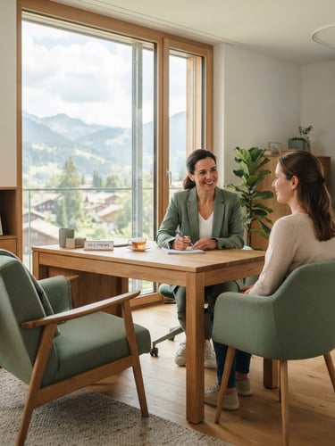 Warm clinical photography of a serene consultation room in Switzerland, soft natural window light, sage green textiles, elegant and peaceful atmosphere.