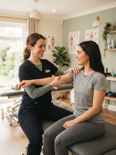 Warm clinical photography of a professional female physiotherapist in her bright, serene clinic with natural light and soft sage green accents