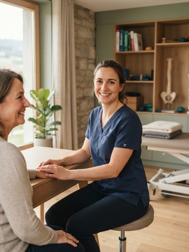 Warm environmental portrait of professional female physiotherapist Marie Lepagney in her serene Courgenay clinic, soft natural daylight, sage green tones, elegant