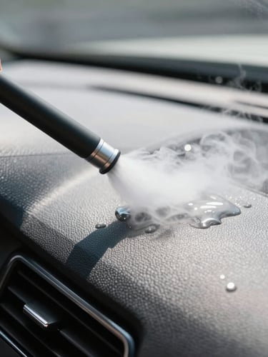 Macro shot of high-pressure steam cleaning a textured car dashboard, bright natural daylight, sharp reflections, clinical cleanliness