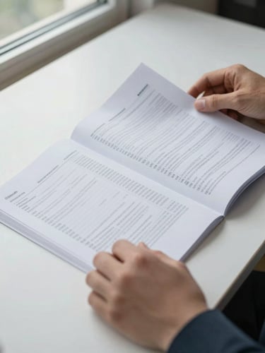 Close-up of hands turning pages of a printed financial report on a wide desk, natural daylight from a window to the left, documents slightly overlapping, clean flat light, no people visible above the wrist