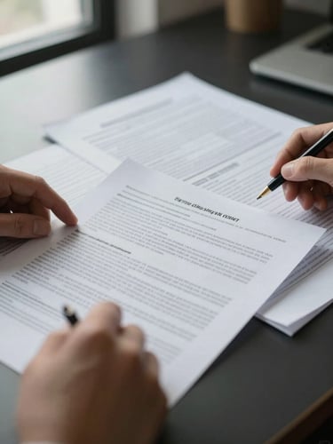 Close-up of financial documents spread across a dark desk, hands in frame reviewing printed regulatory text, natural flat daylight from a side window, no shadows
