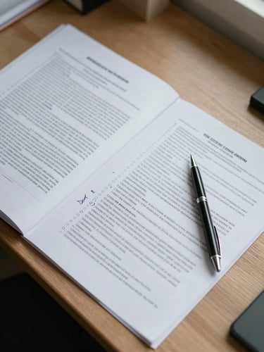 Wide shot of a working desk from above — open regulatory documents, handwritten annotations in the margins, a pen resting on paper, natural flat daylight, no digital screens visible