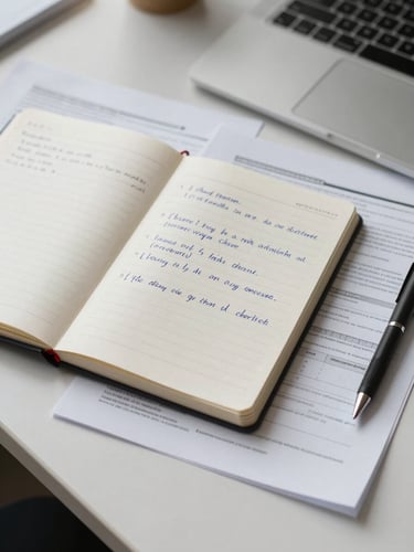 Wide shot of a clean office work surface from above, open notebook with handwritten financial notes, printed regulatory framework pages, natural flat daylight, no people visible