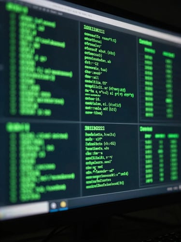 Extreme close-up macro shot of a glowing terminal screen displaying green code, analytics dashboards, and data visualizations, dark cyberpunk studio lighting