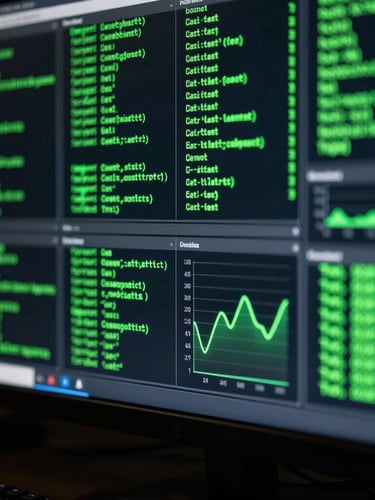 Extreme macro close-up of a high-contrast computer monitor displaying glowing green code and real-time analytics charts, dark ambient cyberpunk lighting, sharp focus, technical terminal aesthetic
