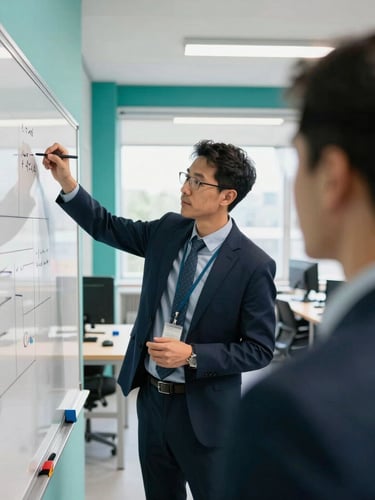 Dynamic over-the-shoulder perspective of a modern corporate workshop, professional setting, people collaborating on a whiteboard, bright natural daylight, teal accents.