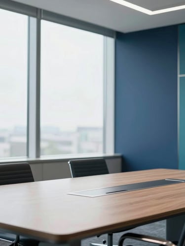 A professional corporate meeting room with a large window, modern architecture, soft natural light, clean lines, professional setting with deep navy blue accents.