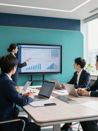 Wide environmental shot of a modern corporate meeting room, professionals analyzing data on a screen, bright natural daylight, clean navy and teal accents