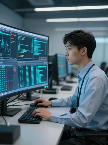 A focused IT engineer analyzing real-time data screens in a high-tech network operations center, cool cyan ambient glow, sharp focus