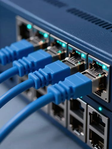 Close-up of secure network hardware with clean blue ethernet cables plugged into a high-end switch, cool cyan indicator lights, sharp corporate technology photography