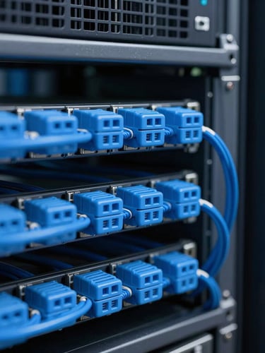 Macro shot of physical tech infrastructure, server racks with clean blue cabling, sharp focus, cool studio lighting