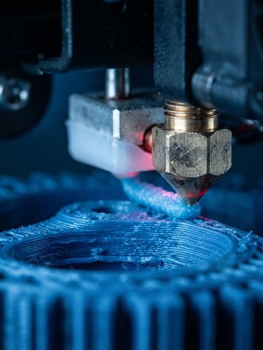 Extreme close-up macro photography of a 3D printer nozzle extruding a textured layer, high contrast cool studio lighting, blueprint blue tones, sharp focus, precision engineering, 100mm macro lens