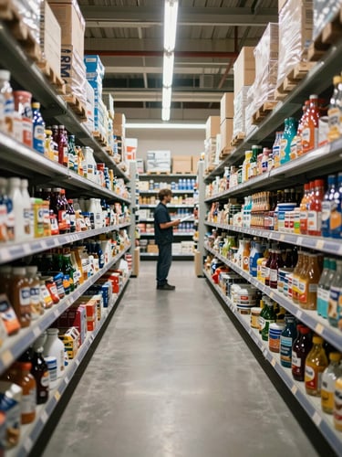 Wide shot of a European retail warehouse aisle, neatly stocked FMCG shelves stretching into the distance under cool fluorescent daylight, a lone worker with a clipboard in the middle distance checking inventory