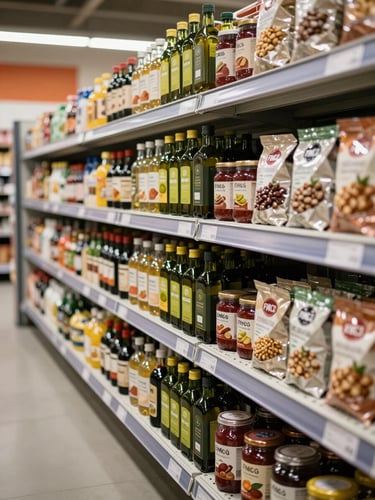 Wide shot from left edge, tight rows of branded FMCG packages — olive oil, preserves, dry goods — on clean European retail shelving under warm warehouse daylight, shallow depth on the nearest row, Turkish-origin labels clearly visible