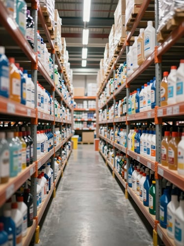 Wide shot of a European warehouse aisle, cleaning product bottles in uniform rows on tall metal shelving under cool overhead light, depth of field showing scale and order