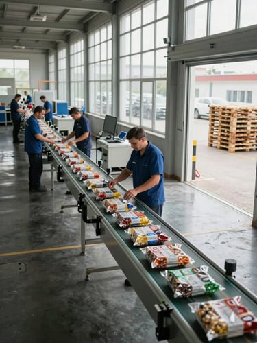 Wide shot of a Turkish FMCG factory production line, packaged goods moving along a conveyor under large industrial windows, natural daylight streaming across the line, workers in context checking quality at the belt edge — left third of frame is factory floor, right third opens to a glimpse of a loaded pallet ready for dispatch