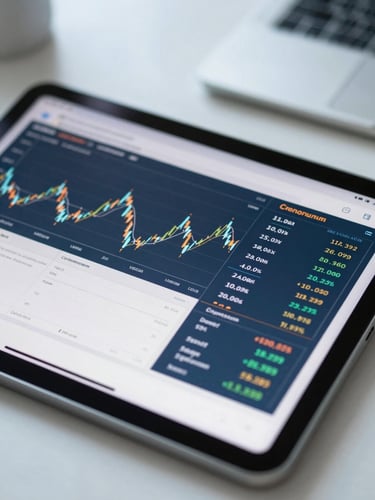 A close-up of a clean digital dashboard on a tablet showing financial metrics, bright cool-toned daylight, modern clinical workspace background.