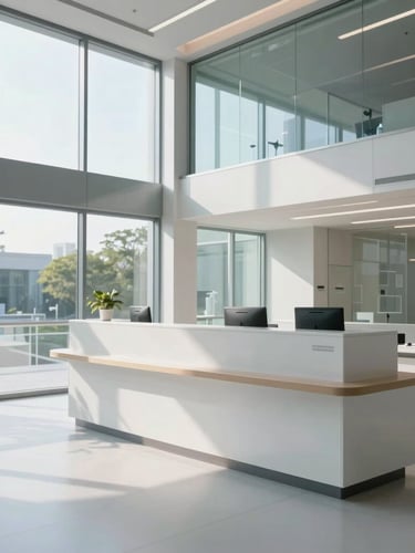 Wide environmental shot of a modern, clean clinical workspace with bright natural daylight, crisp architectural glass reflecting morning light, empty high-tech reception desk, cool-toned.