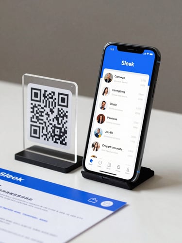 Sleek smartphone mockup displaying a custom digital profile page next to a matte-finish acrylic QR stand and a printed promotional flyer, bright studio lighting, royal blue accents.