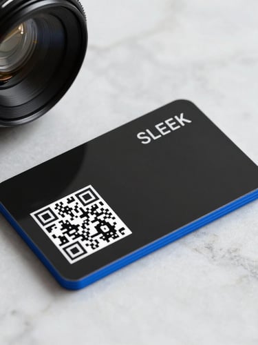 Sleek studio mockup of a matte-black acrylic QR business card resting on a clean marble surface, bright royal blue accent borders, soft diffuse shadows