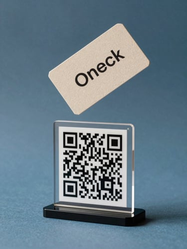 Studio shot of a matte-finish acrylic QR stand and textured smart business cards floating elegantly over a soft blue surface under clean studio lighting.