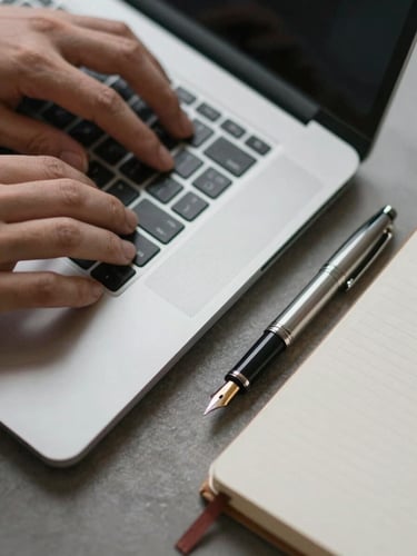Tight macro shot of hands typing on a sleek laptop next to a high-end fountain pen and textured paper journal, soft indirect light
