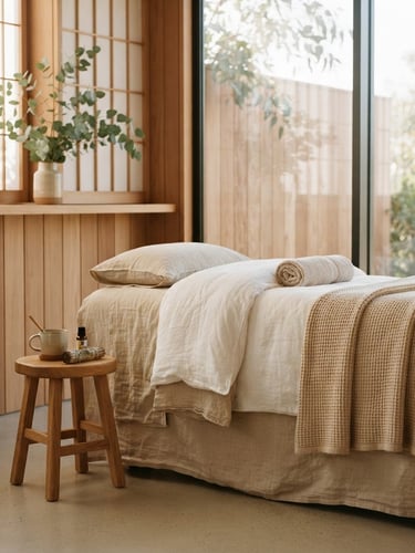 A sunlit minimalist treatment room with smooth cedar panels and organic linen, soft diffused coastal light filtering through eucalyptus leaves, shallow depth of field, warm editorial photography.