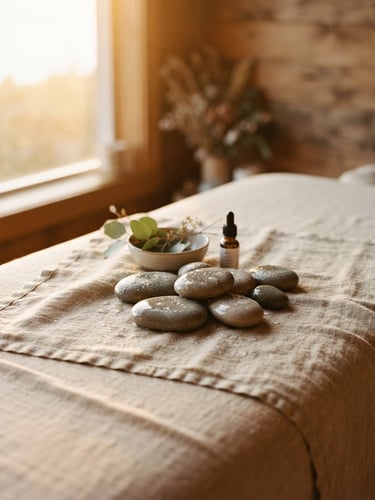 Soft diffused golden-hour coastal light reflecting on smooth river stones and organic linen in a minimalist treatment room, shallow depth of field, 35mm