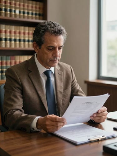 Close medium shot from the left, Dr. Ezivandro Silva seated at his desk reviewing a thick legal case file, natural office daylight from a window on the right, law books on shelves visible in background, professional consultation environment, warm brown tones, documentary clarity