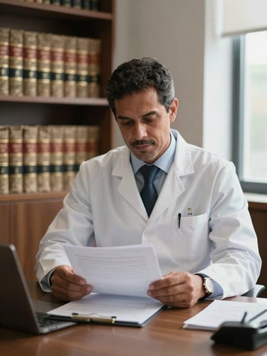 Medium shot of Dr. Ezivandro Silva at his desk in a professional office, reviewing documents during a consultation, warm natural window light from the right, law books and credentials visible on shelves behind him, hands resting on case papers, direct and composed expression