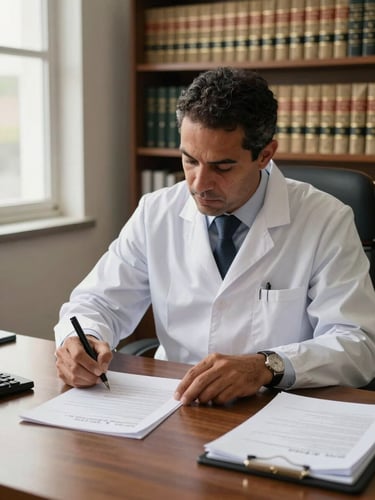 Dr. Ezivandro Silva at his office desk signing legal documents, medium shot from the right side, natural window light from the left casting warm tones, law books and case files visible on shelves in background, documentary clarity, no filters