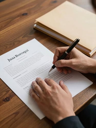 Close-up of hands on a wooden desk signing legal documents, a pen resting across formal papers, warm office lighting, additional folders stacked to the side, documentary tone, no faces visible, warm brown and cream tones