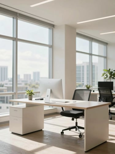 Bright editorial photography, sun-drenched modern Miami workspace with high ceilings and large windows, clean minimalist desk with warm natural daylight, shallow depth of field, 35mm