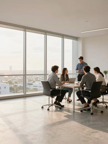 Wide environmental shot of an airy Miami office with soft golden-hour window light, focused professionals collaborating around a clean table, high negative space, 35mm