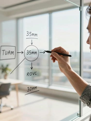 A close-up editorial portrait of a focused professional sketching a strategic roadmap on a glass whiteboard, bright natural daylight streaming through a large window, shallow depth of field, 35mm.