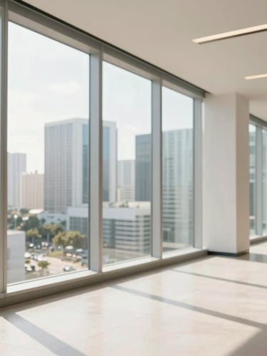 Wide environmental shot of a sun-drenched modern Miami corporate office, floor-to-ceiling windows showing a bright skyline, clean minimalist architectural lines, warm natural morning light.
