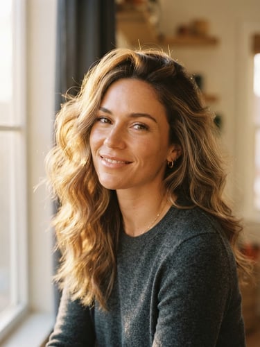 Editorial portrait of a woman with elegant, softly lit hair texture, warm golden-hour window light, cream and charcoal background, shallow depth of field, 35mm