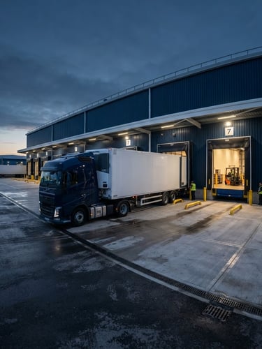 Wide panoramic shot of a modern refrigerated transport truck backing into a cold storage warehouse loading dock at dawn, crisp cool lighting, high-contrast navy and white tones, sharp wide-angle lens, industrial logistics photography.