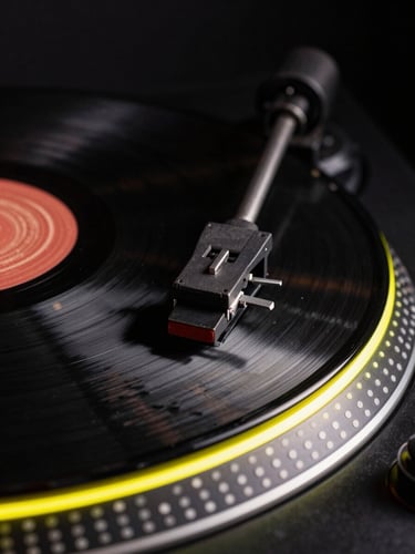 Extreme close-up of turntable stylus on vinyl record, dramatic side-lighting with neon yellow rim light cutting across the platter, deep black background, high contrast, analog texture visible on the record surface