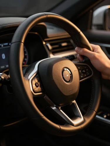 Crisp close-up of hands on a modern steering wheel, cinematic dark studio lighting with warm gold highlights, high contrast, sharp focus, 35mm lens