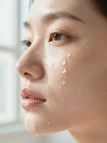 Close-up macro photography of dewy, radiant skin showing natural texture and pores, illuminated by soft morning window light, high-key editorial style