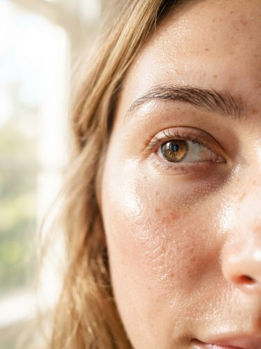 Close-up of radiant, dewy skin with soft natural sunlight and morning window light, high-key skincare photography