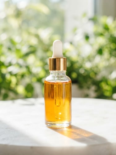Bright high-key skincare photography, a glass bottle of golden botanical serum catching direct morning sunlight on a clean white stone surface, fresh green leaves in soft focus background