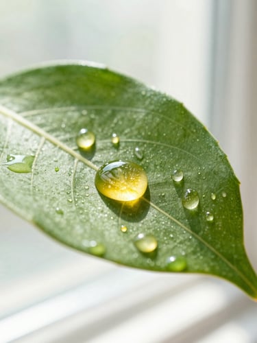 Macro close-up of golden serum droplets on a fresh green leaf, catching bright morning window light, high-key skincare photography
