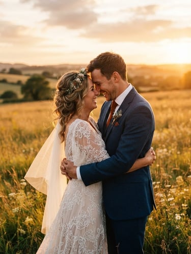 Cinematic portrait of a wedding couple embracing in an open field at sunset, warm golden-hour light, deep shadows, rich organic tones, shallow depth of field, 35mm film grain
