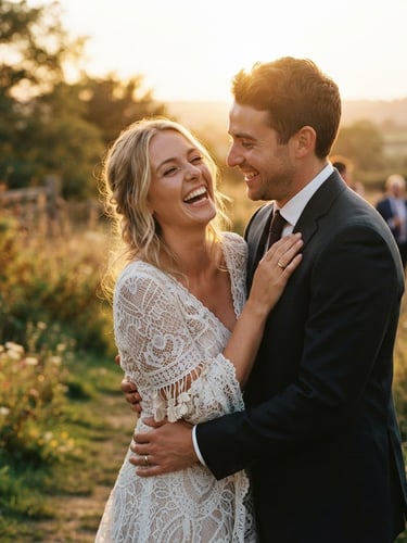 Intimate candid wedding portrait, warm golden hour light, soft 35mm film grain, couple laughing naturally, deep shadows, emotional narrative